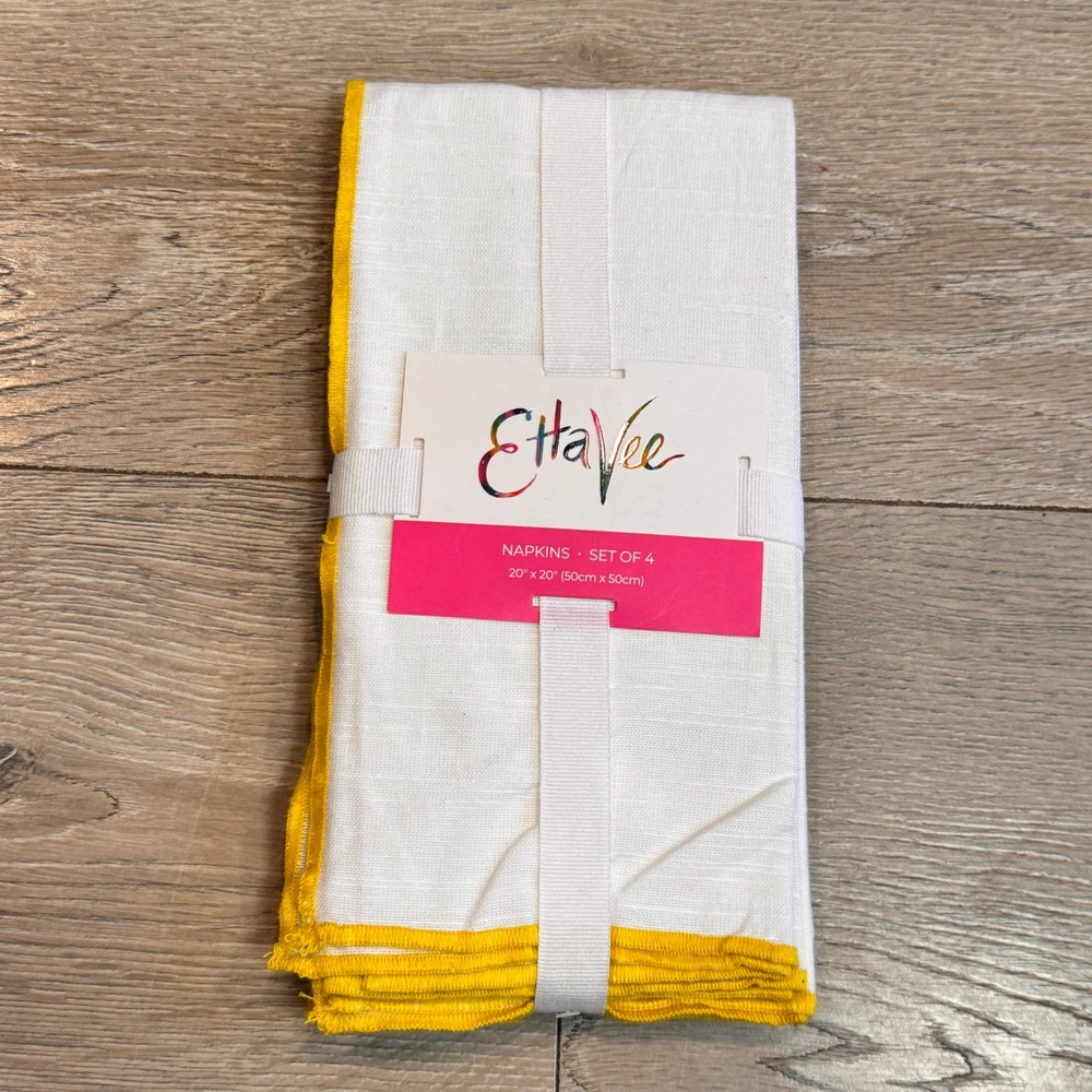 NWT EttaVee‎ Napkins Set of 4 White Yellow Border Linen Blend 20x20 Dining Table
